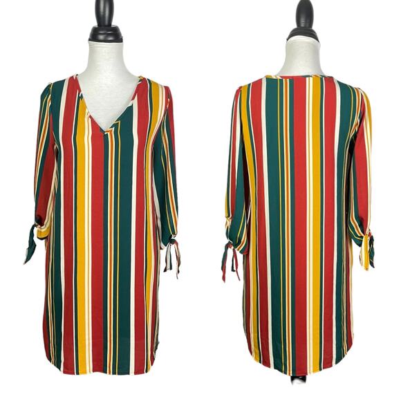 Entro | NWT Rustic Combo Vertical Stripe Tie Sleeve Short Shift Dress w Pockets - Picture 4 of 11